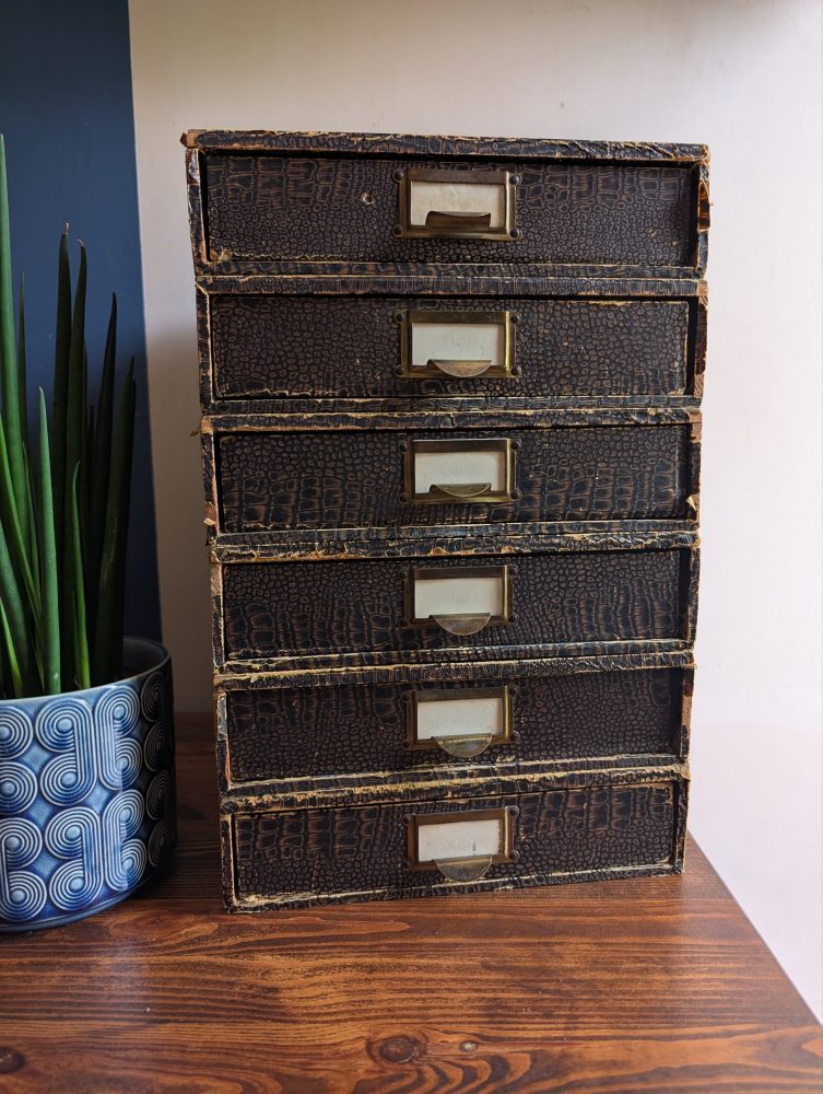 c.1930s desktop individual filing drawers with original London makers labels - Image 10