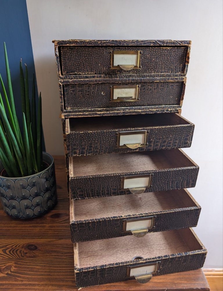c.1930s desktop individual filing drawers with original London makers labels - Image 5