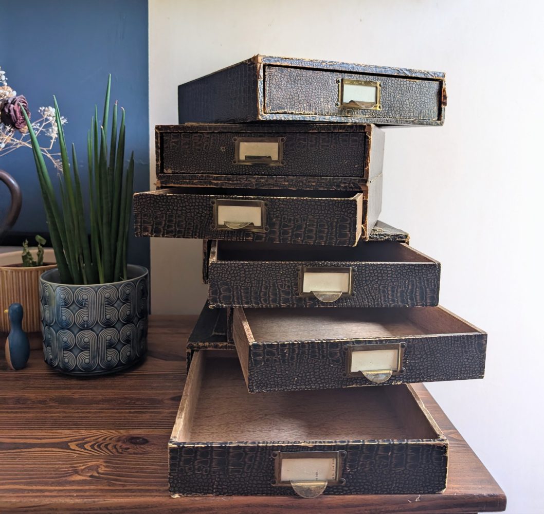 c.1930s desktop individual filing drawers with original London makers labels - Image 4