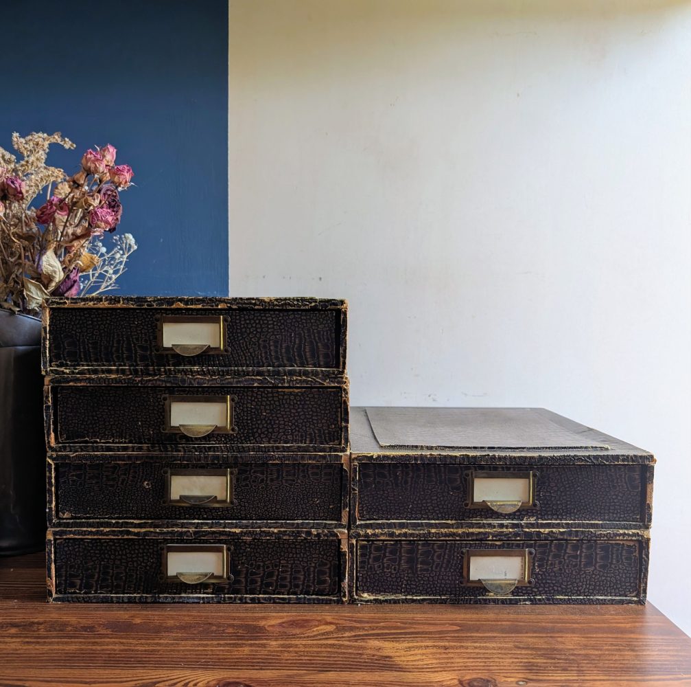 c.1930s desktop individual filing drawers with original London makers labels - Image 2