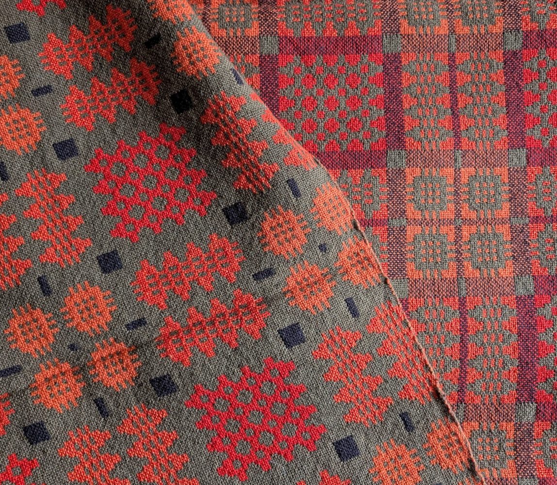 Vintage Pure Welsh Wool double-sided large blanket, traditional geometric woollen blanket in reds and oranges