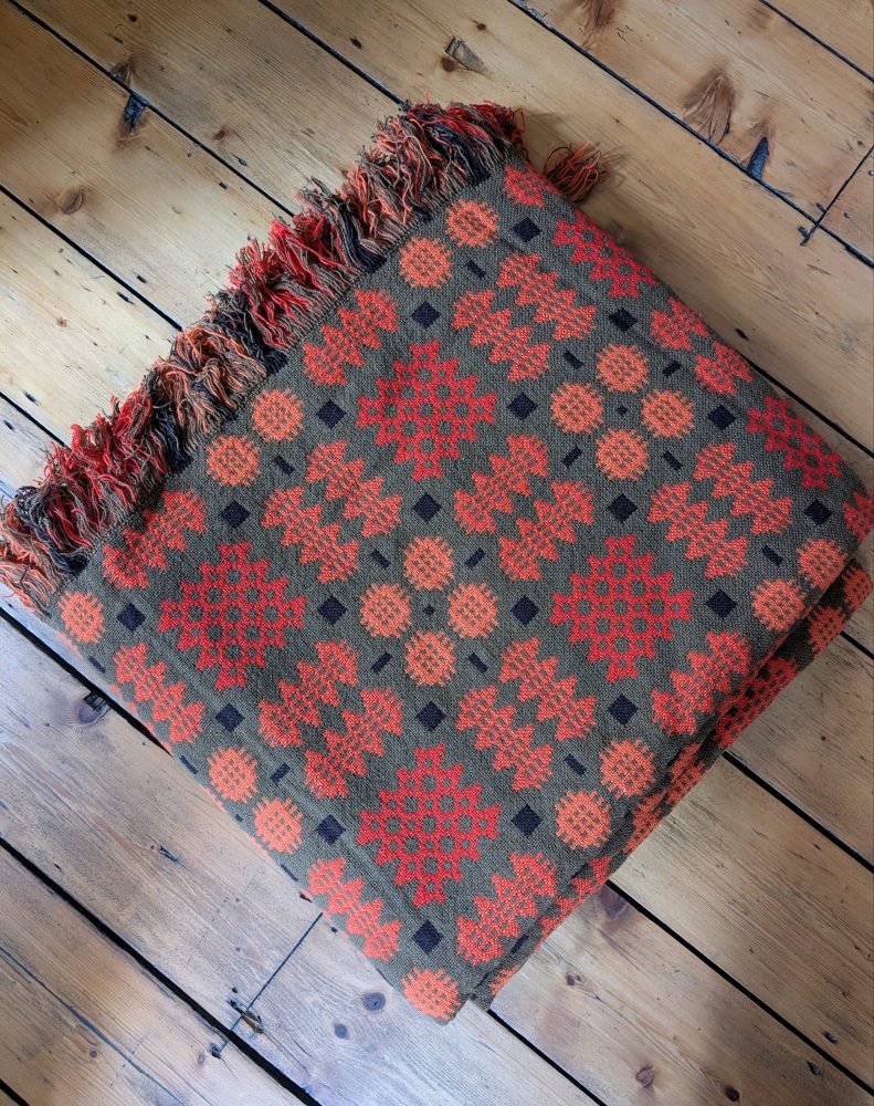 Vintage Pure Welsh Wool double-sided large blanket, traditional geometric woollen blanket in reds and oranges - Image 2