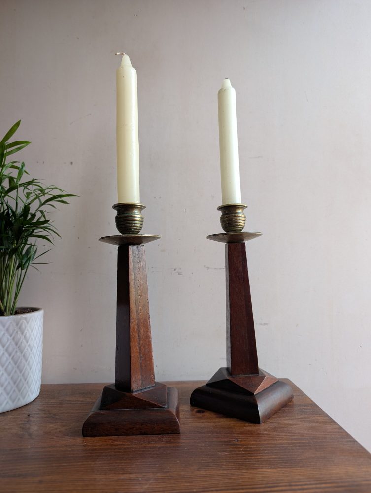 Pair of Art Deco oak and brass candlestick holders