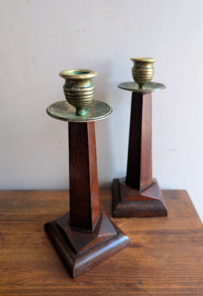 Pair of Art Deco oak and brass candlestick holders - Image 2
