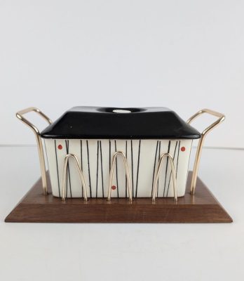Midcentury Atomic design lidded butter dish by Wyncraft on teak base with gold tone frame