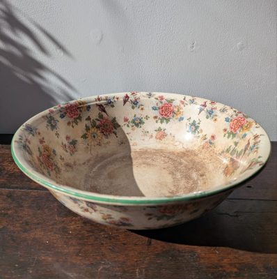 Large antique Cobridge Soho Pottery semi-porcelain bowl with birds and flowers, c.1910s