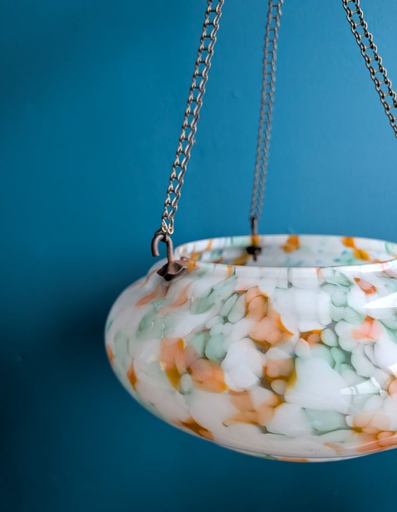 c.1950s Art Deco mottled orange and white glass 'fly catcher' pendant light shade - Image 10