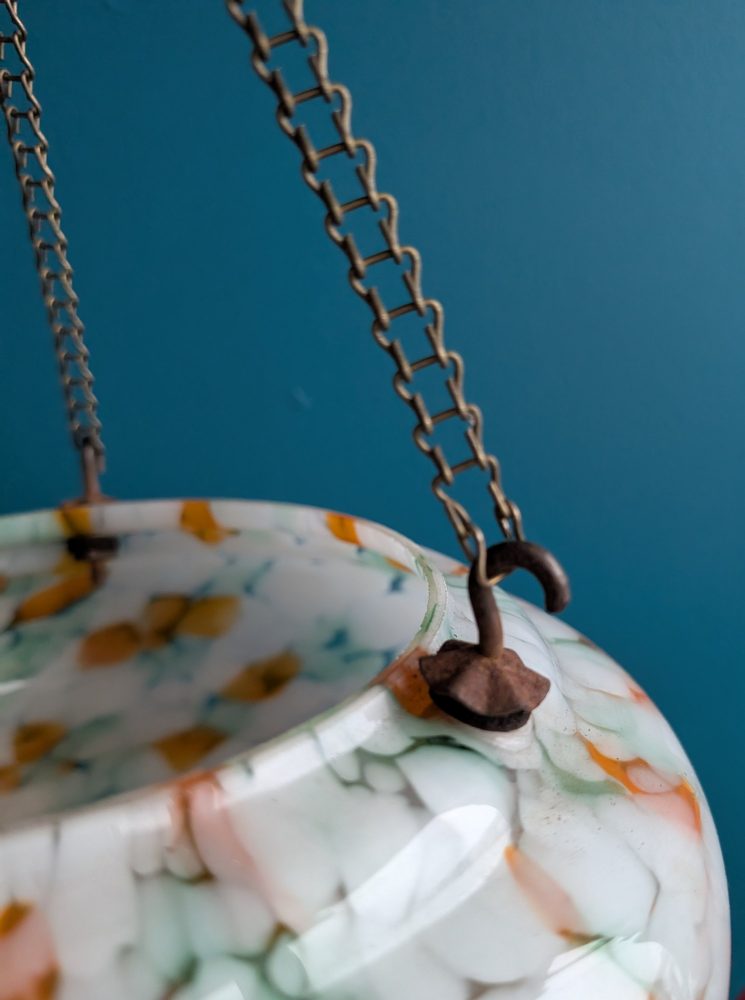 c.1950s Art Deco mottled orange and white glass 'fly catcher' pendant light shade - Image 11
