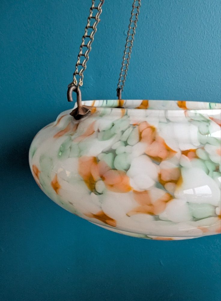 c.1950s Art Deco mottled orange and white glass 'fly catcher' pendant light shade - Image 14