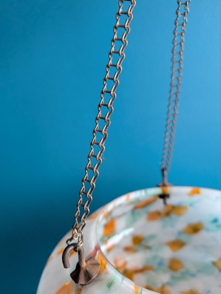 c.1950s Art Deco mottled orange and white glass 'fly catcher' pendant light shade - Image 8