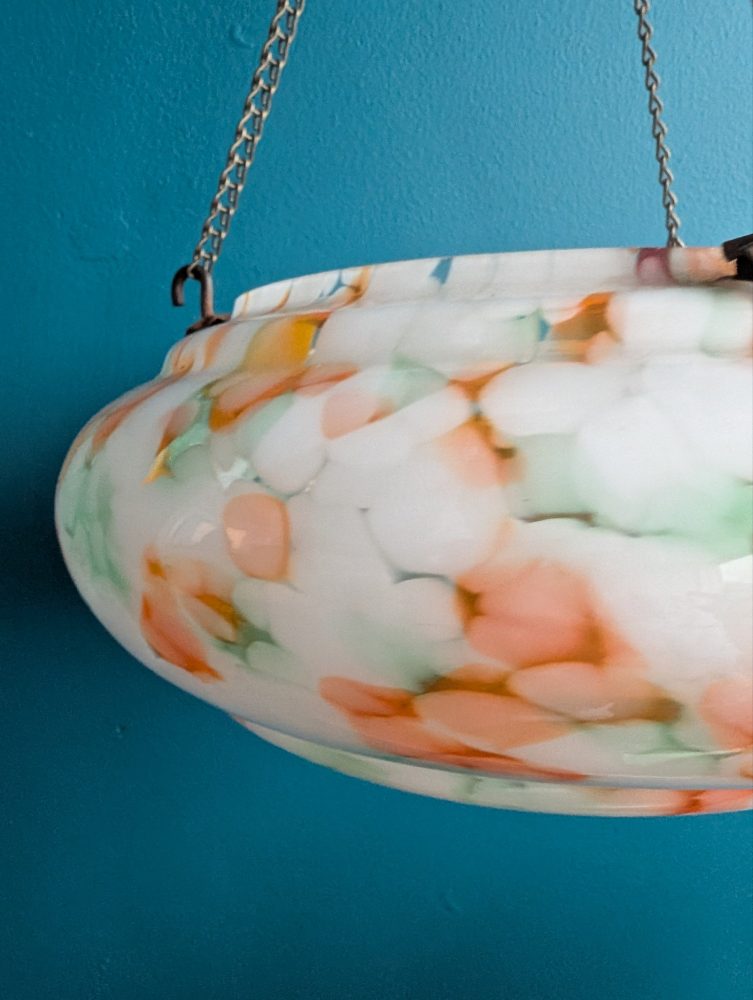 c.1950s Art Deco mottled orange and white glass 'fly catcher' pendant light shade - Image 7