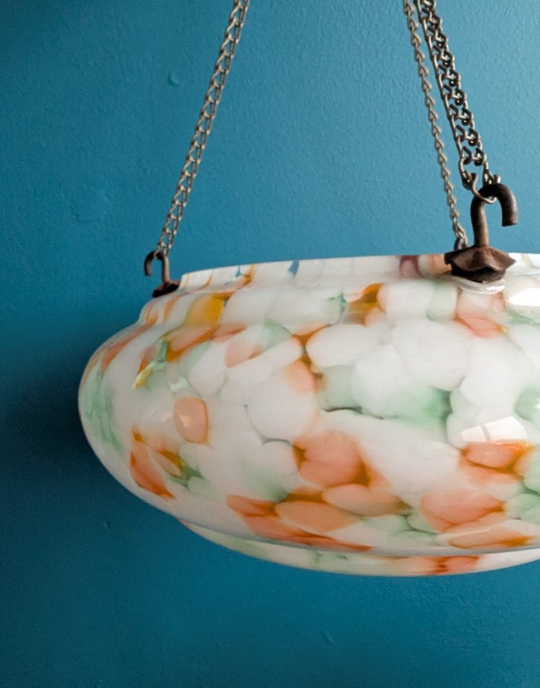 c.1950s Art Deco mottled orange and white glass 'fly catcher' pendant light shade - Image 3