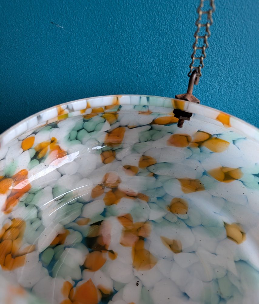 c.1950s Art Deco mottled orange and white glass 'fly catcher' pendant light shade - Image 13