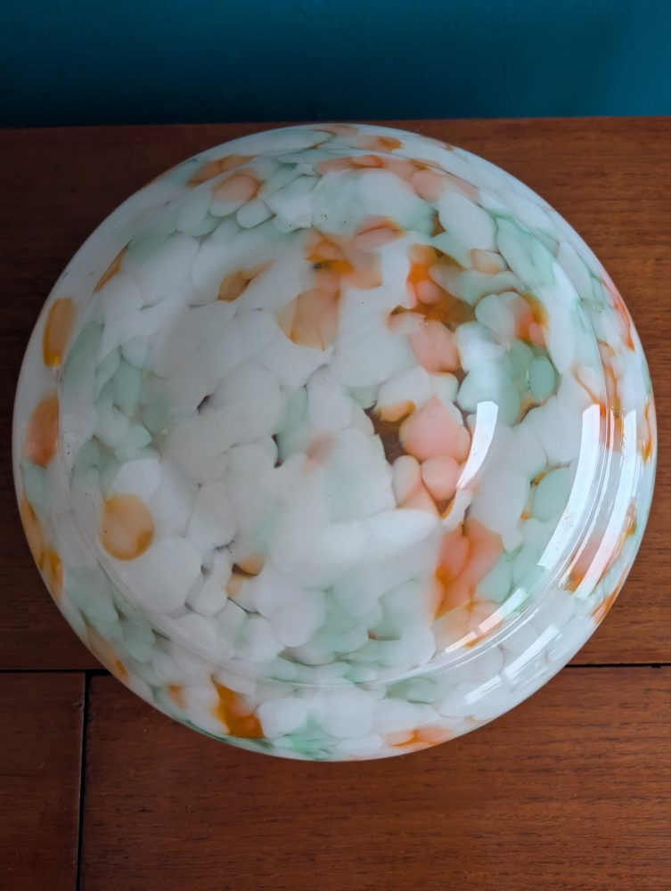 c.1950s Art Deco mottled orange and white glass 'fly catcher' pendant light shade - Image 6