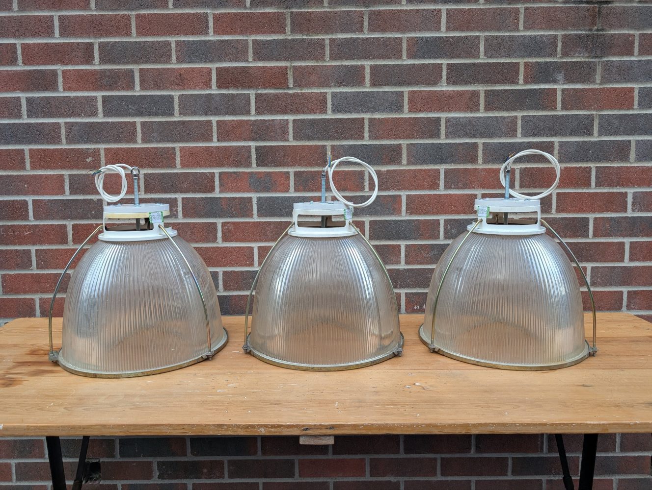Trio of Midcentury Holophane large glass pendant lights, rewired, PAT tested and ready to hang - Image 7