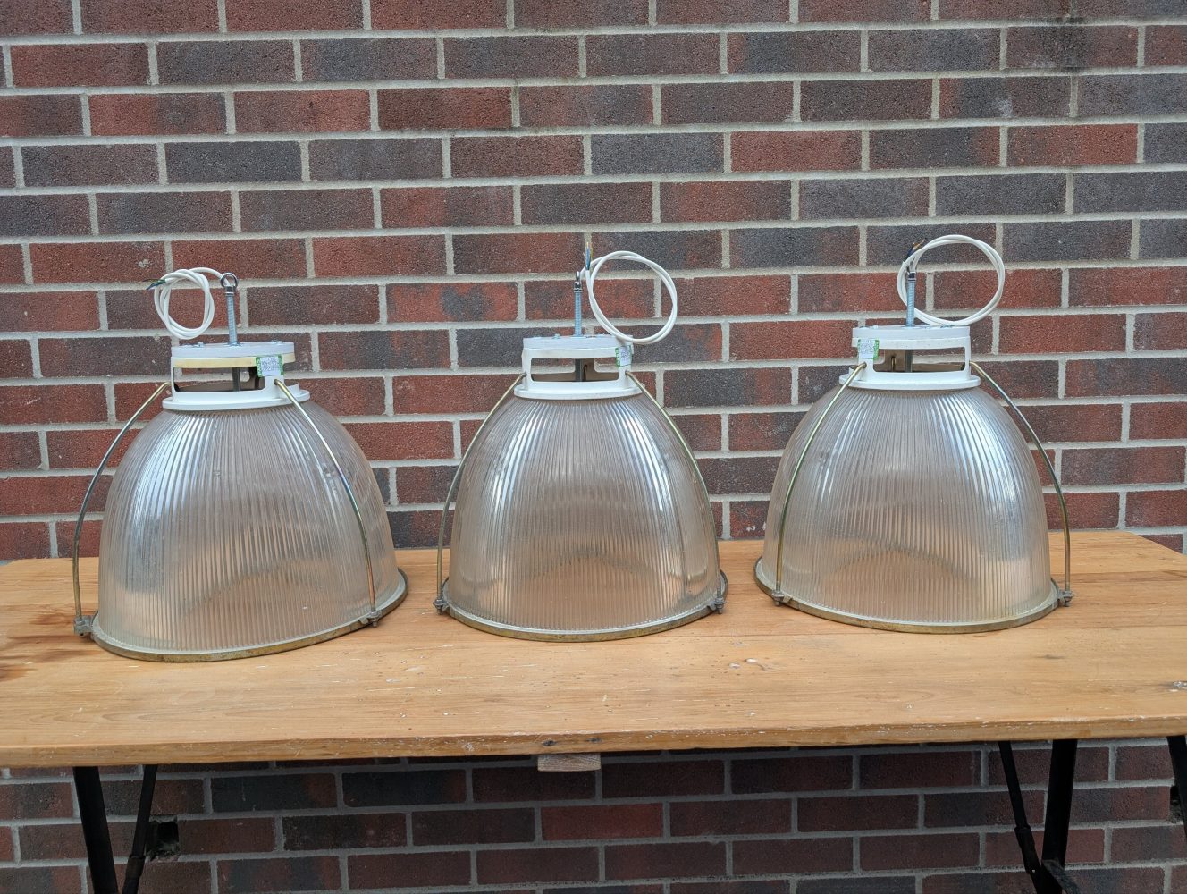 Trio of Midcentury Holophane large glass pendant lights, rewired, PAT tested and ready to hang - Image 10