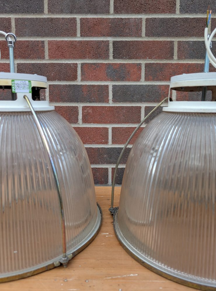 Trio of Midcentury Holophane large glass pendant lights, rewired, PAT tested and ready to hang - Image 5