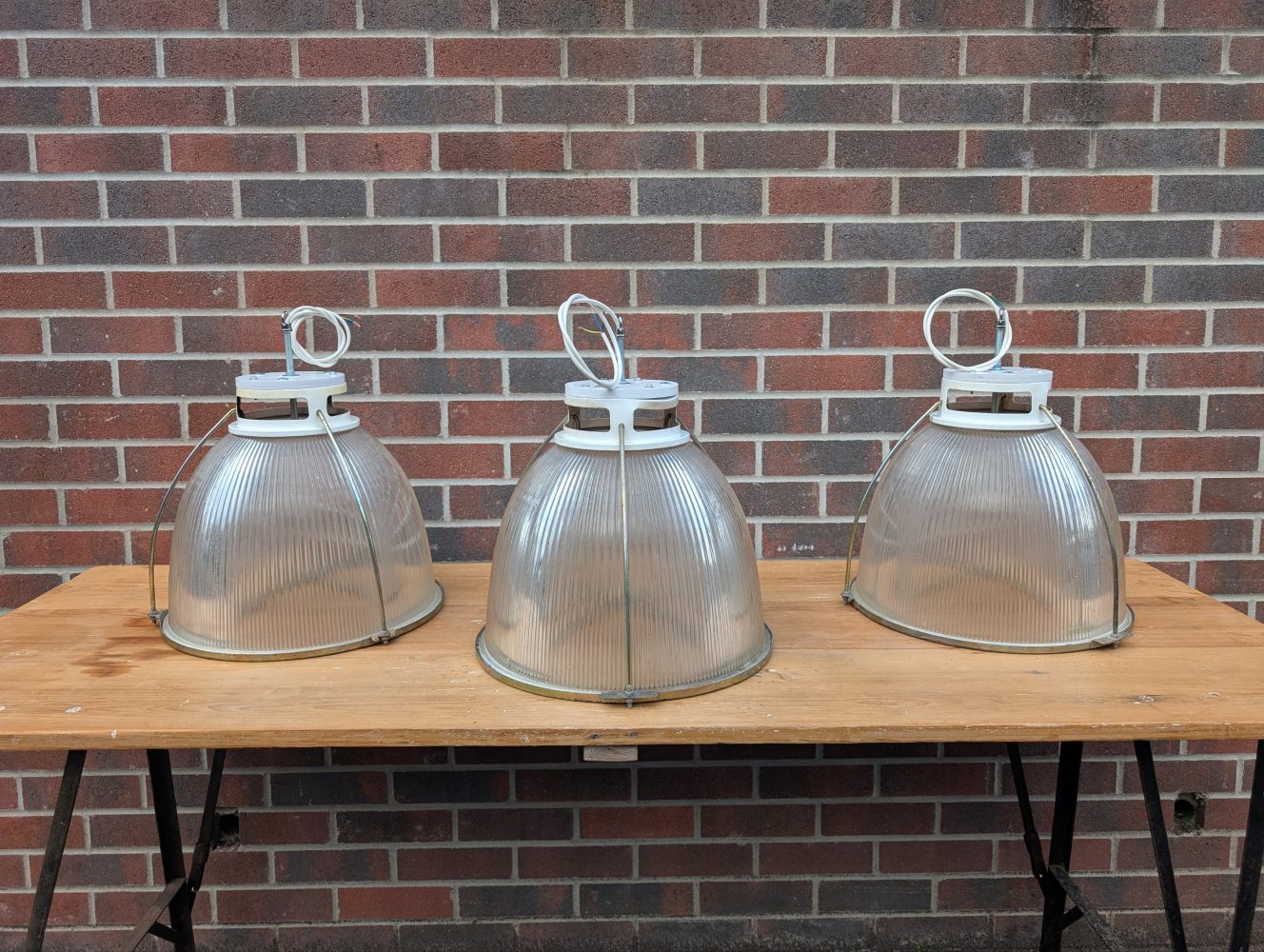 Trio of Midcentury Holophane large glass pendant lights, rewired, PAT tested and ready to hang - Image 12