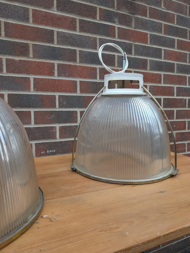 Trio of Midcentury Holophane large glass pendant lights, rewired, PAT tested and ready to hang - Image 9