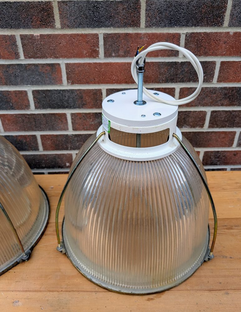 Trio of Midcentury Holophane large glass pendant lights, rewired, PAT tested and ready to hang - Image 3