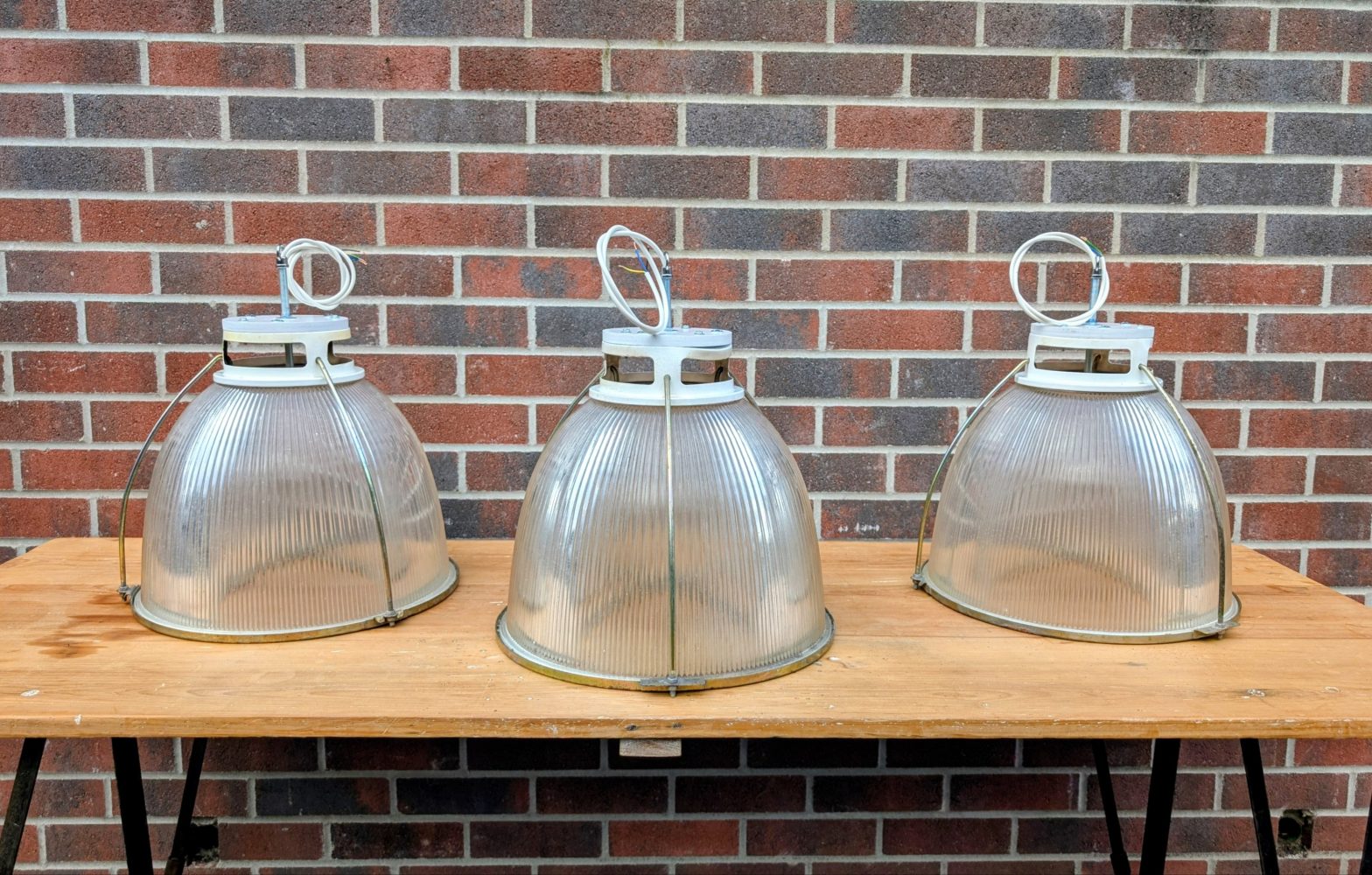 Trio of Midcentury Holophane large glass pendant lights, rewired, PAT tested and ready to hang
