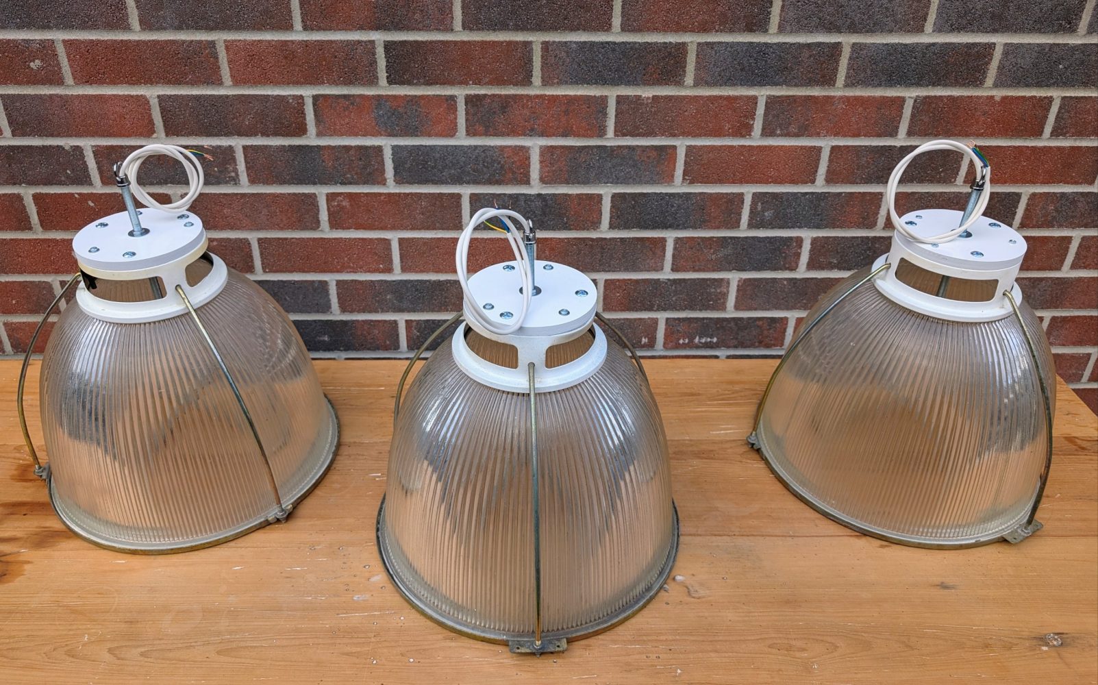 Trio of Midcentury Holophane large glass pendant lights, rewired, PAT tested and ready to hang - Image 2
