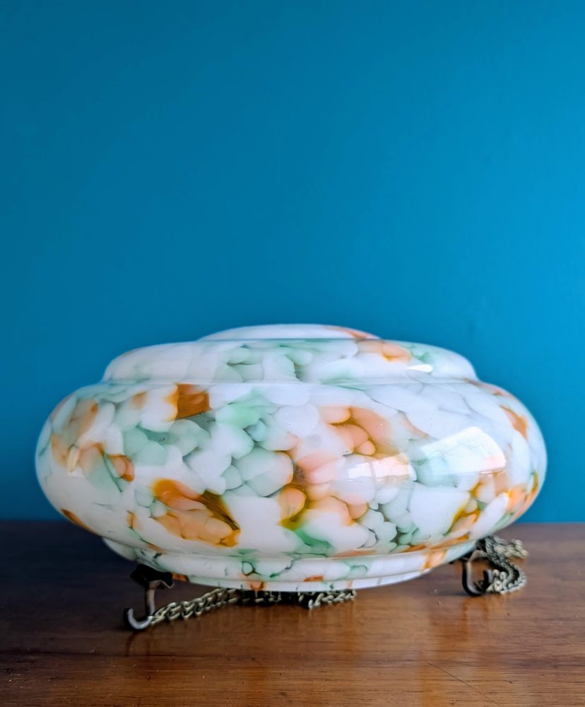 c.1950s Art Deco mottled orange and white glass 'fly catcher' pendant light shade - Image 2