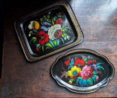 Pair of floral toleware floral handpainted trays