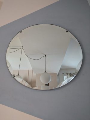 Midcentury large round mirror with scalloped bevelled edge