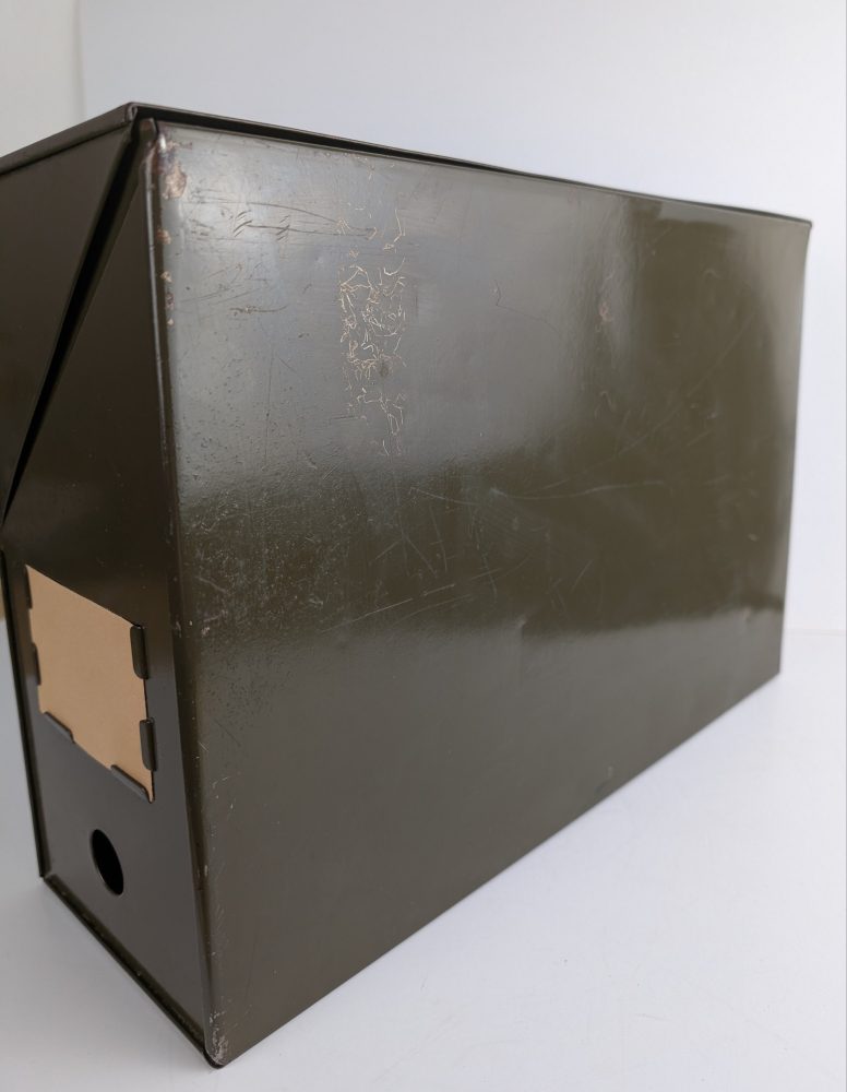 Midcentury green metal box file, vintage office desk tidy, stationery storage shelf, document filing box - Image 11