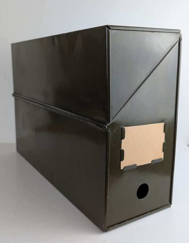 Midcentury green metal box file, vintage office desk tidy, stationery storage shelf, document filing box