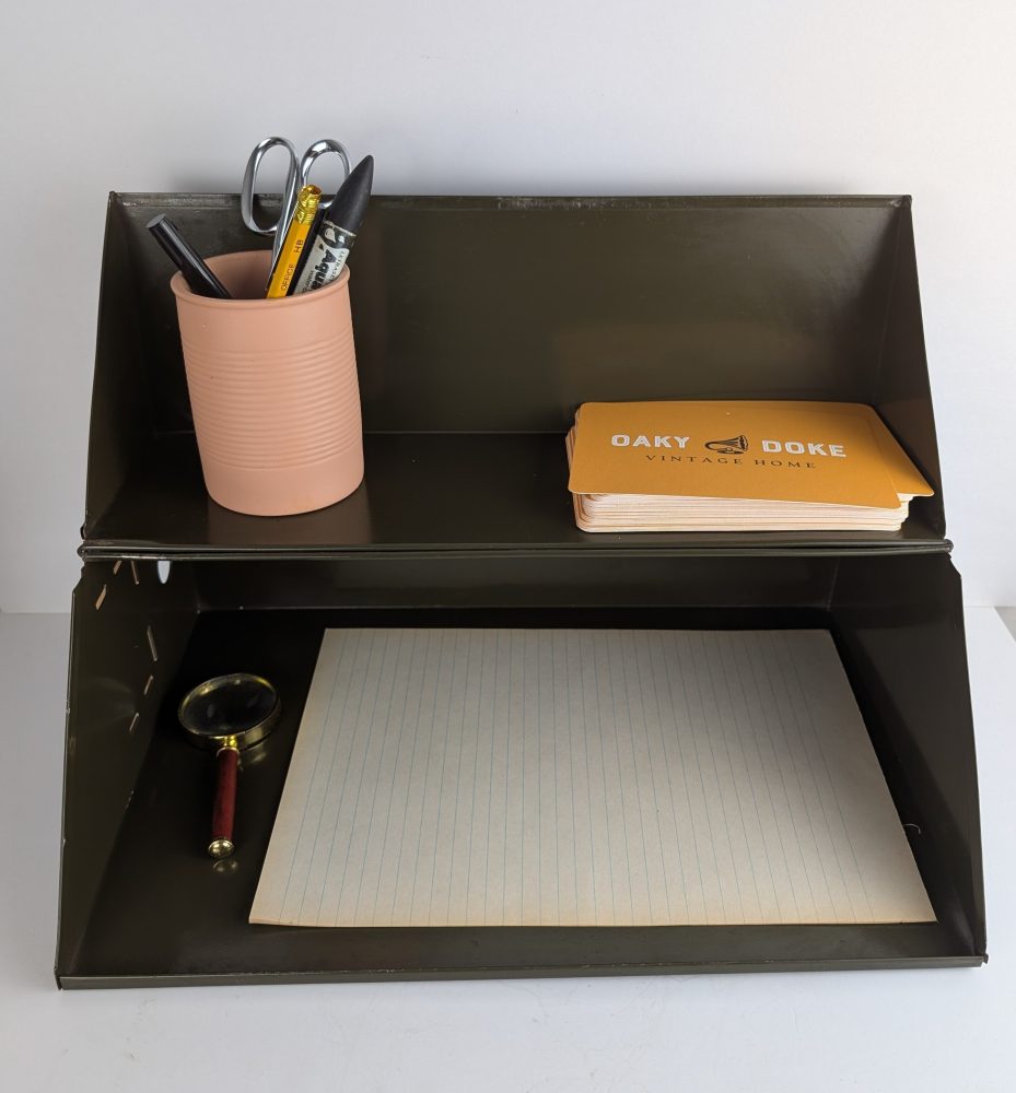 Midcentury green metal box file, vintage office desk tidy, stationery storage shelf, document filing box - Image 8