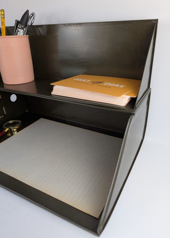 Midcentury green metal box file, vintage office desk tidy, stationery storage shelf, document filing box - Image 12