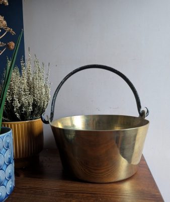 19th century antique brass preserve pan with wrought iron handle