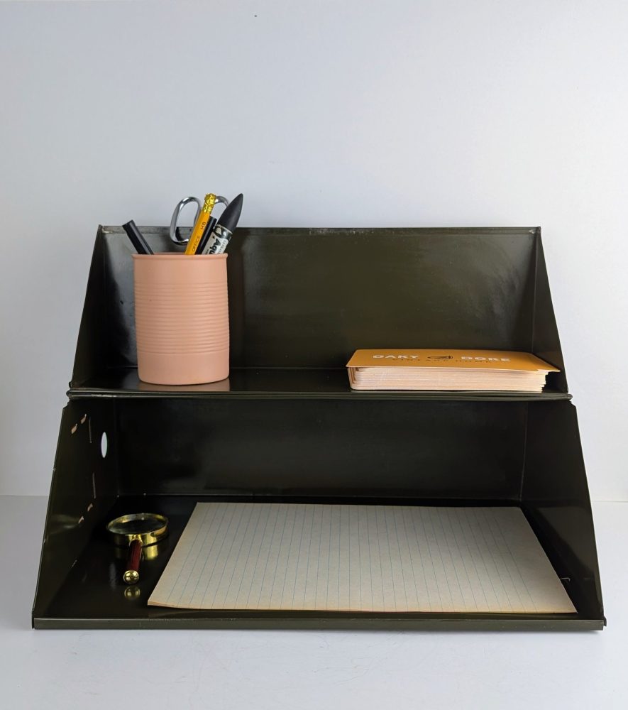 Midcentury green metal box file, vintage office desk tidy, stationery storage shelf, document filing box - Image 2