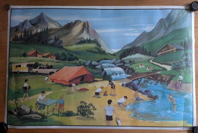 French double-sided 1950s school poster, Camping and Winter