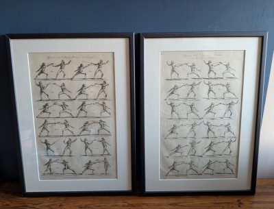 Pair of late 18th century Fencing positions illustrations, framed