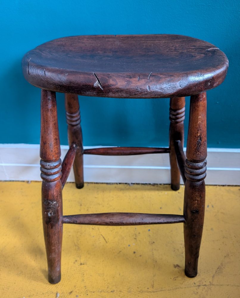 Tall early 1900s Elm and Beech workshop stool | Oaky Doke Vintage Home