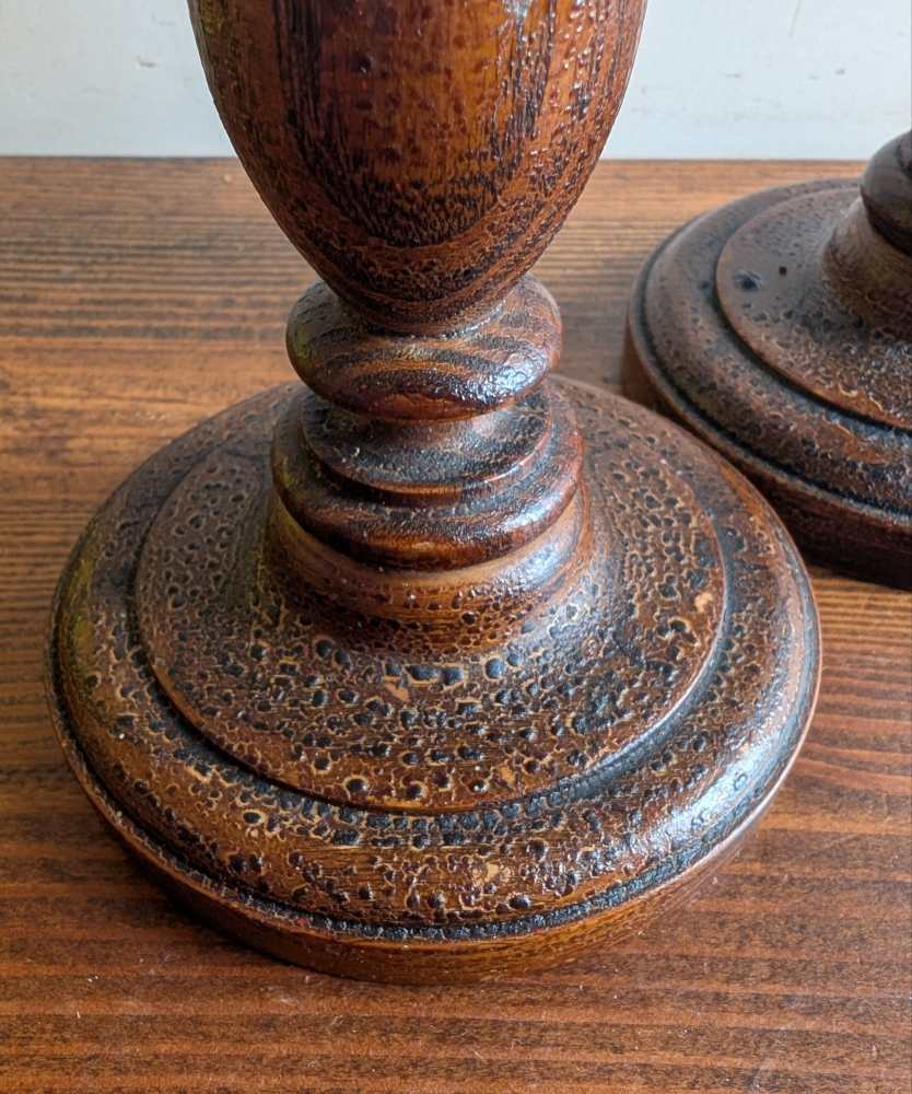 Pair of antique wooden candlesticks with original paintwork - Image 9