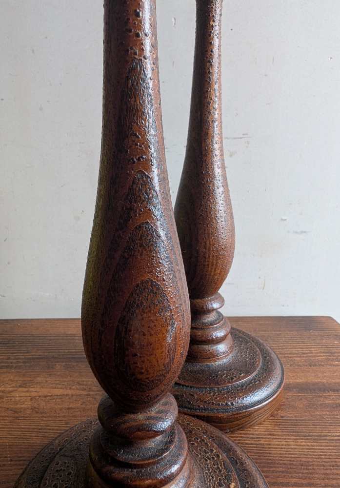 Pair of antique wooden candlesticks with original paintwork - Image 3