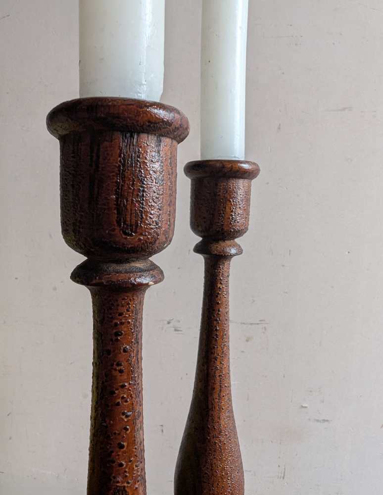 Pair of antique wooden candlesticks with original paintwork - Image 5
