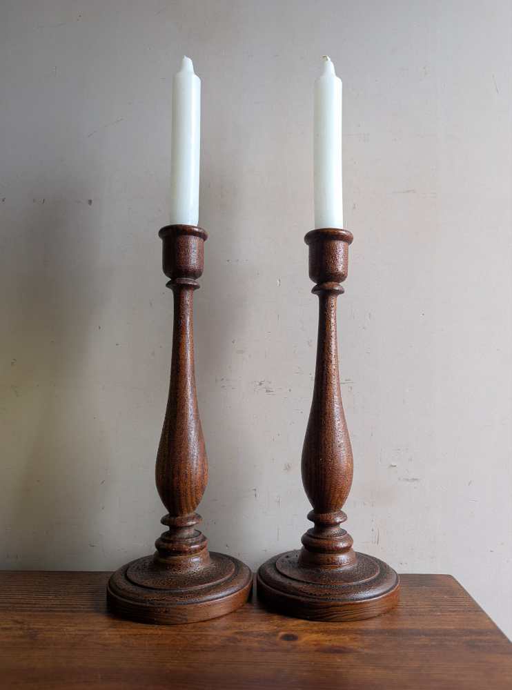 Pair of antique wooden candlesticks with original paintwork - Image 4