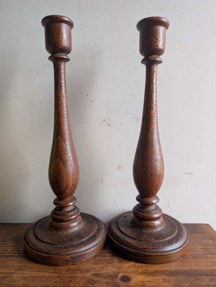 Pair of antique wooden candlesticks with original paintwork - Image 2