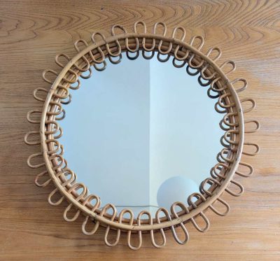 1970s round bamboo framed wall mirror