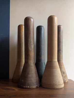Set of 5 Large early 1900s wooden Northamptonshire mill bobbins