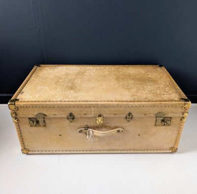 Antique solid vellum trunk with brass hardware by Drew & Sons of Piccadilly Circus