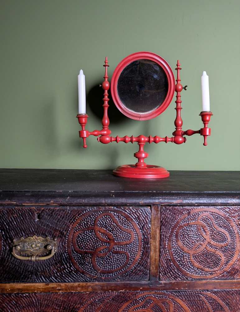 19th century red painted shaving mirror with candle sconces - Image 9