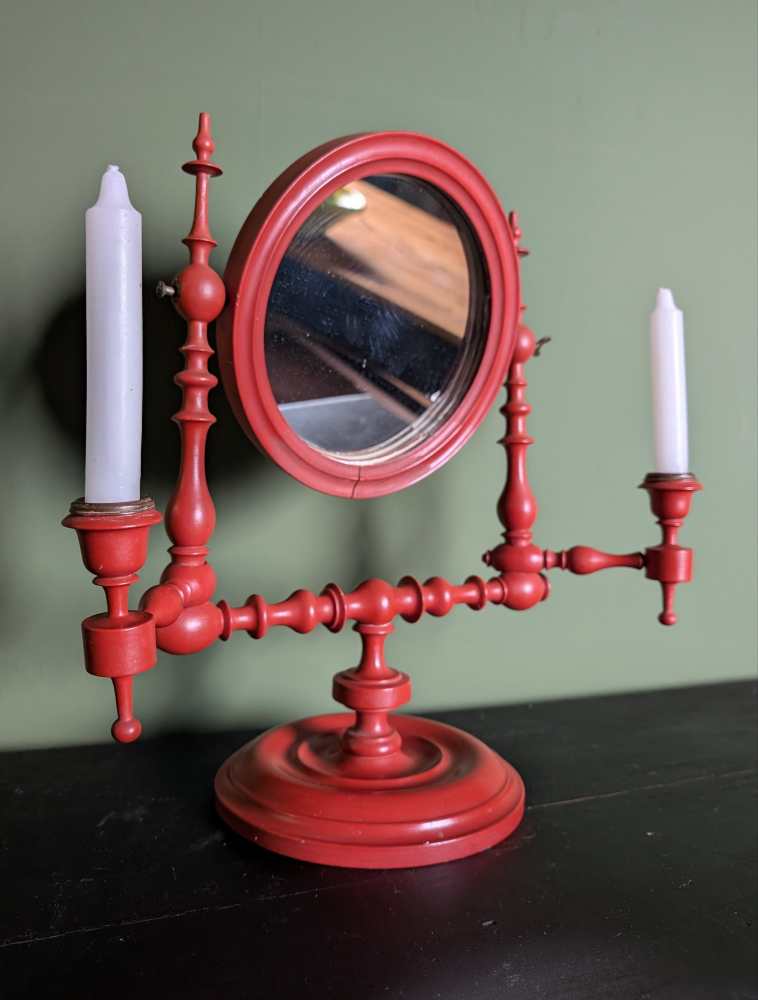 19th century red painted shaving mirror with candle sconces - Image 3