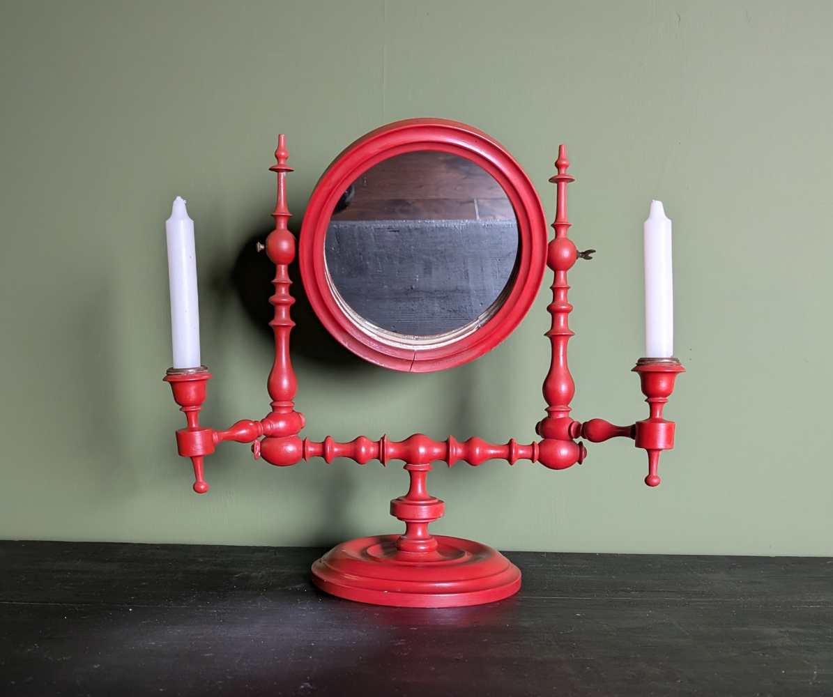 19th century red painted shaving mirror with candle sconces - Image 11