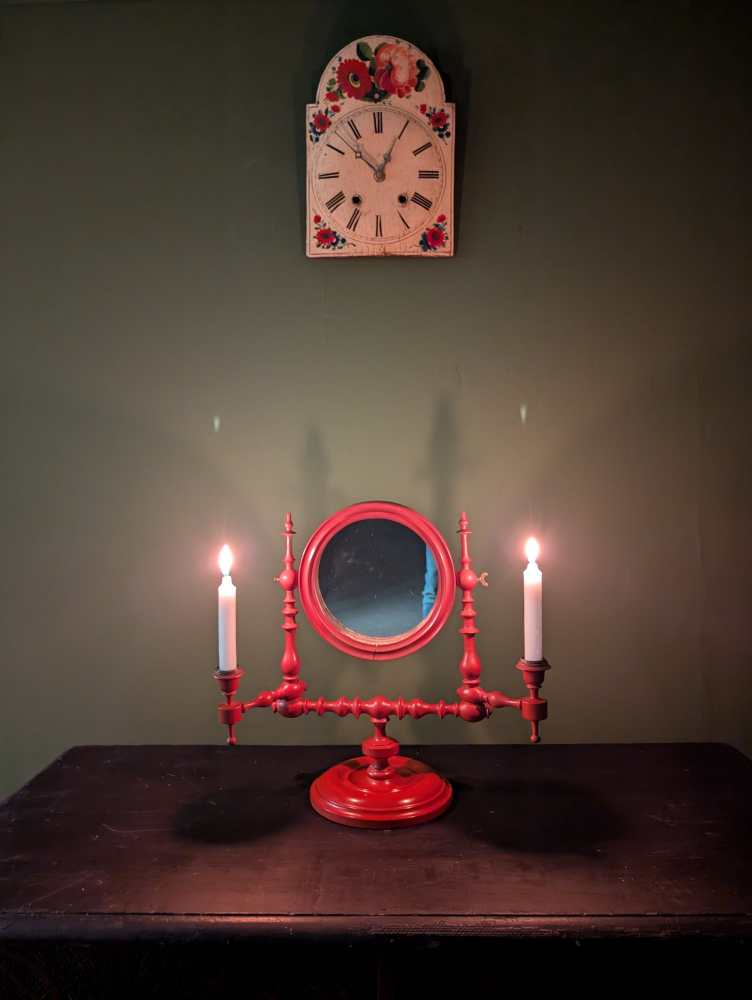 19th century red painted shaving mirror with candle sconces - Image 19